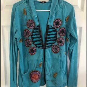 Rising International Bright Turquoise Ribbed Sweater Boho Funky